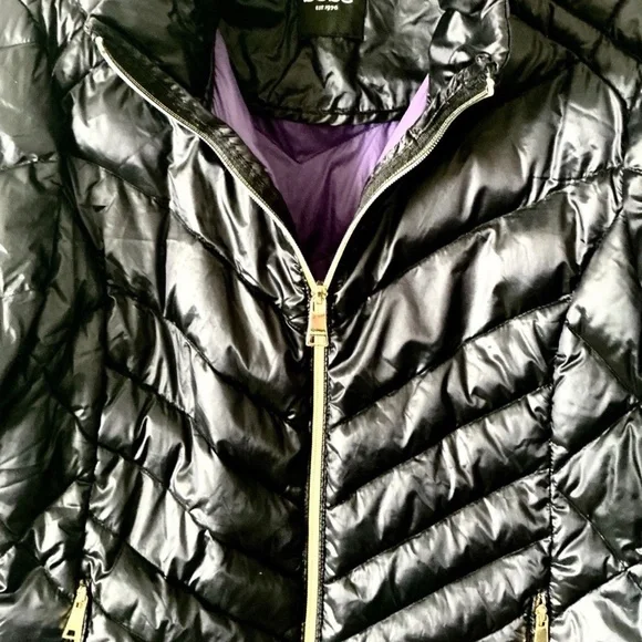Black Puffer Jacket Full Zip W Hidden Hood Sz Lg - Picture 6 of 6